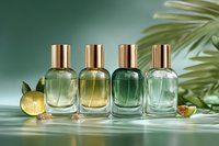 Luxury perfume bottles with gold caps in various colors arranged with citrus slices and tropical leaves on green background for cosmetic product photography.