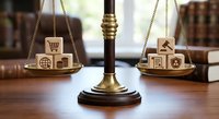 Wooden blocks with shopping cart and house icons balanced on brass scales representing consumer rights and legal protection in retail transactions.