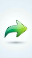 Green glossy arrow pointing right with gradient effect and shadow isolated on white background for web design and user interface elements.