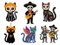 Dia de Muertos skeleton cat with sugar skull face makeup, mariachi musician skull character with guitar and sombrero, colorful skeleton cats with floral patterns and bone designs for Day of Dead celebrations.