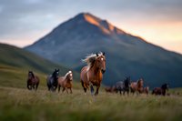 Wild horses galloping across mountain meadow at sunset, brown stallion running in foreground with flowing mane, herd following behind against dramatic peak.