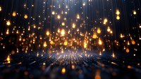 Glowing golden lights floating in dark space with light rays creating magical atmosphere, bokeh effect and illuminated particles for festive background.
