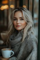 Young blonde woman in cozy gray sweater enjoying coffee at cafe window with warm bokeh lights creating intimate atmosphere for lifestyle content.