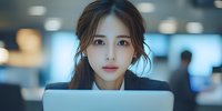 Young Asian businesswoman working on laptop in modern office environment with focused expression and professional attire for corporate presentations.