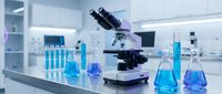 Modern laboratory with microscope and blue chemical solutions in glass beakers on white table. Scientific research equipment for medical analysis and experiments.