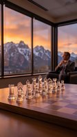 Businessman playing chess in modern office with mountain sunset view through large windows. Strategic thinking and leadership concept for corporate success.