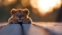 Young lion cub resting head on paws at sunset with golden backlight creating rim lighting effect around fur, showing peaceful expression and relaxed posture.