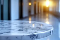 Close-up of round marble table surface with blurred hospital corridor background showing warm glowing lights and reflective floor, creating serene atmosphere.