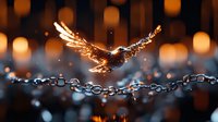 Glowing eagle breaks free from metal chains against blurred candlelight background, symbolic representation of freedom and strength with magical light effects.