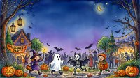 Young children in Halloween costumes trick-or-treating at night in a spooky village setting with jack-o-lanterns, ghosts, skeletons, and autumn decorations for holiday celebrations.