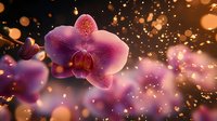 Magenta orchid flowers with sparkling bokeh lights and golden particles floating in dark background, suitable for luxury and wellness designs.