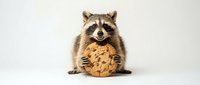 Adorable raccoon holding large chocolate chip cookie on white background, isolated cute woodland animal for design projects and merchandise.