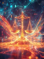 Glowing golden scales of justice with digital circuit elements against futuristic cityscape background in orange and blue tones. Modern law and technology concept.