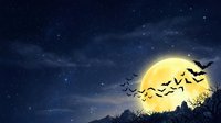Silhouettes of bats flying across a glowing full moon in a starry night sky with clouds and dark landscape below, suitable for Halloween, spooky themes.