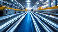 Modern industrial conveyor system with metallic rails and blue belt stretching into distance, illuminated by overhead lights in manufacturing facility. Automated logistics concept.