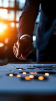 Male hand pressing button on control panel with glowing lights in dark room. Dramatic lighting creates atmospheric mood for technology and control concepts.
