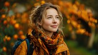 Young blonde Caucasian woman in orange autumn scarf smiling outdoors with warm fall foliage background for seasonal lifestyle and fashion content.