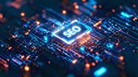 Glowing SEO chip on futuristic circuit board with neon lights and digital connections for web optimization and search engine marketing concepts.