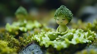 Peaceful green figurine meditating on moss covered surface, surrounded by natural foliage and dew drops creating serene zen garden atmosphere.