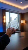 Hand holding glowing circular eco-friendly symbol in modern office with city view, representing sustainable business practices and environmental responsibility.