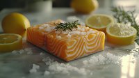 Salmon fillet with sea salt, fresh lemon slices and rosemary garnish on marble surface for culinary and food styling projects.