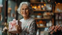 Senior woman with gray hair and glasses holding pink gift box in cozy shop with warm lighting and floral decorations.