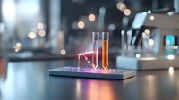 Futuristic laboratory setup with glowing DNA helix hologram projection and test tube containing orange liquid on metallic platform against blurred bokeh background.