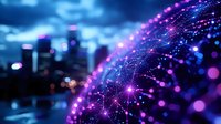 Glowing purple network connections and light trails against blurred city skyline at night, representing digital transformation and global connectivity concept.