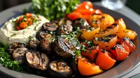 Grilled mushrooms and colorful bell peppers served on dark plate with creamy hummus dip and fresh herbs, Mediterranean appetizer platter for restaurant menu.