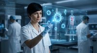 Female doctor using futuristic holographic medical interface with human anatomy display in modern hospital laboratory for healthcare innovation.