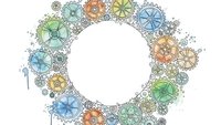 Colorful mechanical gears and cogs forming circular frame with white center space for text or design elements on transparent background.