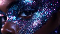 Closeup of African American woman's face with vibrant blue and pink glitter makeup around eyes creating magical galaxy effect on dark skin. Creative beauty concept.