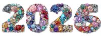 Numbers 2026 created from colorful gemstones, diamonds, and precious jewels in a festive arrangement on white background.