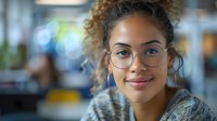 Young woman with curly hair and round glasses smiling softly in modern office environment with blurred background.