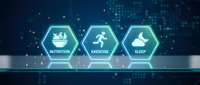 Neon hexagonal wellness icons displaying nutrition, exercise, and sleep symbols with glowing cyan outlines on digital technology background for health lifestyle concepts.
