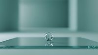 Water droplet on glass surface with blurred teal background, suitable for science, technology, and environmental design projects.