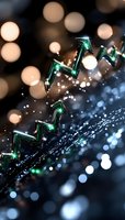 Glowing green arrow chart rising upward against dark background with bokeh lights and sparkles, representing financial growth and success in business.