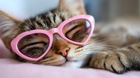 Sleeping tabby cat wearing pink heart-shaped sunglasses lying on soft surface, close up view of feline face and paw. Fun pet photography for social media and greeting cards.