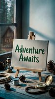 Adventure Awaits sign on easel with compass, pine cones, lantern, and rope on rustic wooden table near cabin window.