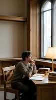 Young Caucasian male student studying in traditional library with wooden furniture, books and warm natural light from arched window.