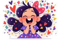 Cheerful Asian girl with dark curly hair and red bow expressing joy, surrounded by colorful hearts and flowers. Cartoon character showing happiness and excitement.