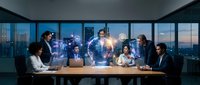 Business team analyzing holographic data visualization in modern conference room with city skyline view during evening meeting.