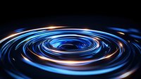 Glowing blue and orange spiral light trails create dynamic circular motion effect against dark background, abstract energy flow visualization for technology designs.