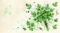 Fresh green parsley bunch tied with twine, watercolor painting on beige background with paint splashes, herb art for kitchen decor or recipe design.