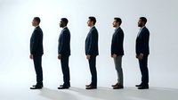Five professional businessmen standing in line wearing dark suits on white background isolated for corporate design and presentation materials.