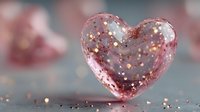 Pink crystal heart with golden glitter sparkles on soft blurred background for romantic Valentine's Day greeting cards and love themed designs.