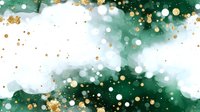 Dreamy emerald green watercolor background with gold glitter sparkles and white clouds creates magical festive atmosphere for holiday designs and cards.