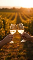 Two hands toasting with white wine glasses at sunset in vineyard rows during golden hour harvest season celebration.