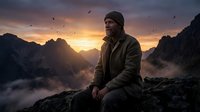 Bearded man in military jacket sitting on mountain peak at sunrise with dramatic sky and flying birds in background.