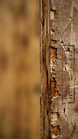 Weathered wooden surface with peeling paint layers showing natural aging and decay process in warm brown tones for rustic design projects.